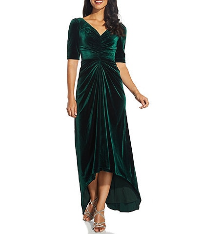 Adrianna Papell Stretch Velvet Front Ruched Short Sleeve V-Neck High-Low Gown