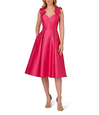 Adrianna Papell Sweetheart Neck 3D Floral Strap Mikado Fit & Flare Midi Dress