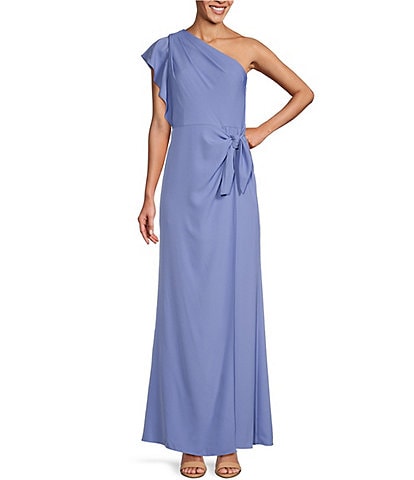 Adrianna Papell Twill One Shoulder Flutter Short Sleeve Faux Wrap Dress