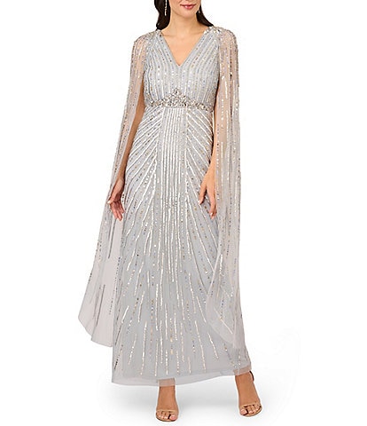 Adrianna Papell Beaded Sequin V-Neck Cape Sleeve Gown