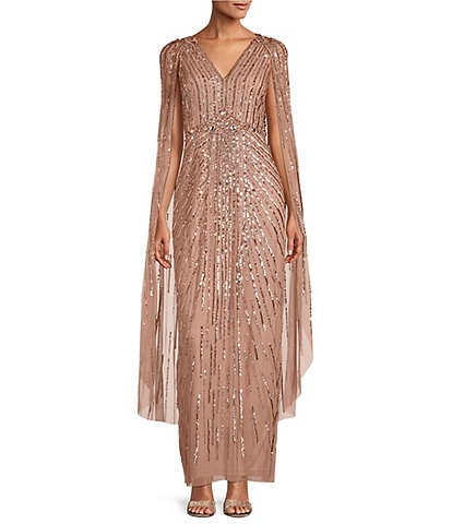 Adrianna Papell V-Neck Beaded Sequined Cape Gown