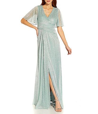 Adrianna Papell Floral Metallic Mesh Surplice V-Neck Elbow Short Flutter Sleeve Lace Thigh High Slit Side Wrap A-Line Gown