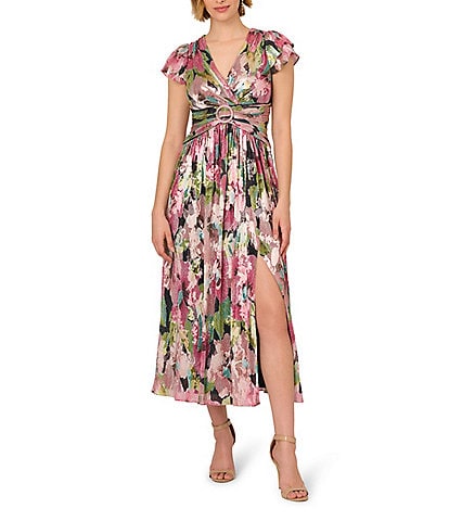 Adrianna Papell V-Neck Flutter Cap Sleeves Floral Metallic Crinkle Chiffon Midi Dress