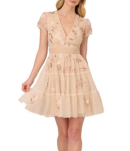 Adrianna Papell V-Neck Short Sleeve Beaded Mesh Tiered A-Line Dress