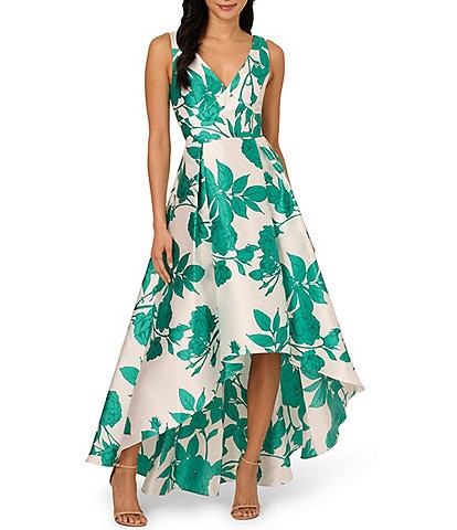 Adrianna Papell V-Neck Sleeveless Pleated Skirt Floral Print Twill High Low Fit & Flare Dress