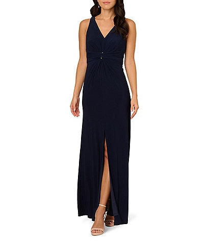 Adrianna Papell V-neck Sleeveless Shirred Jersey Sheath Gown