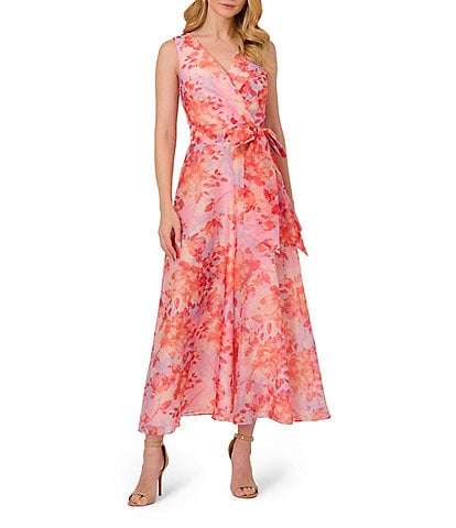 Adrianna Papell V-neck Sleeveless Tie Waist Floral Organza Jumpsuit