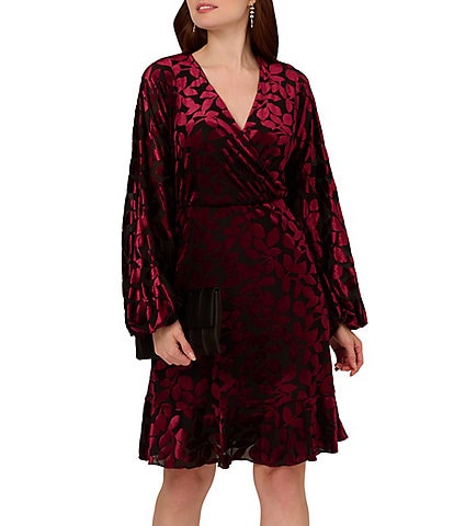 Adrianna Papell Velvet Burnout Surplice V-Neck Long Sleeve Faux Wrap Mini Dress