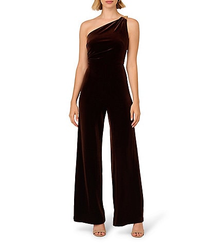 Adrianna Papell Velvet One Shoulder Neck Sleeveless Pleated Side Straight Leg Jumpsuit