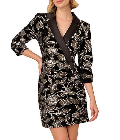 Adrianna Papell Velvet Sequin Surplice Lapel Neck 3/4 Sleeve Blazer Mini Dress