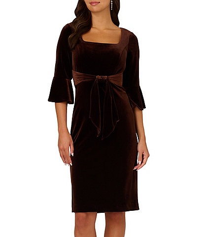 Adrianna Papell Velvet Square Neck 3/4 Bell Sleeve Tie Front Dress