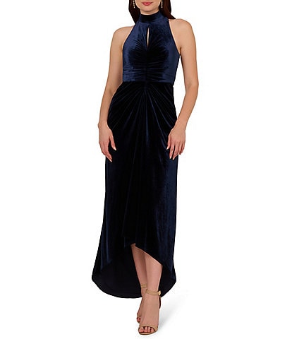 Adrianna Papell Velvet Stretch Sheath Twist Front Halter Neck Sleeveless High Low Hemline Gown