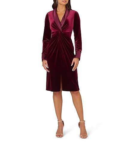 Adrianna Papell Velvet V-Neck Lapel Long Cuff Sleeve Twist Front Tuxedo Dress