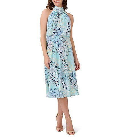 Adrianna Papell Watercolor Floral Print Halter Neck Sleeveless Midi Dress