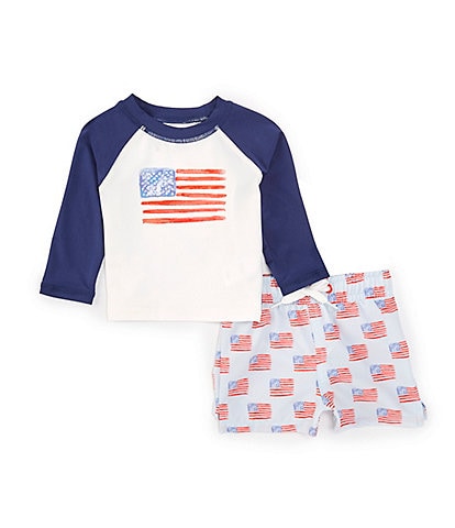 Adventurewear 360 Baby Boys 3-24 Months Round Neck Long Sleeve American Print Rashguard & Swim Trunks Set