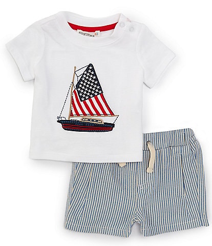 Adventurewear 360 Baby Boys 3-24 Months Round Neck Short Sleeve American Flag Sailboat T-Shirt & Shorts Set