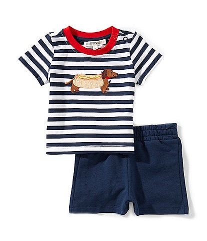 Adventurewear 360 Baby Boys 3-24 Months Stripe Short Sleeve Hot Dog Applique Tee & Solid Shorts Set