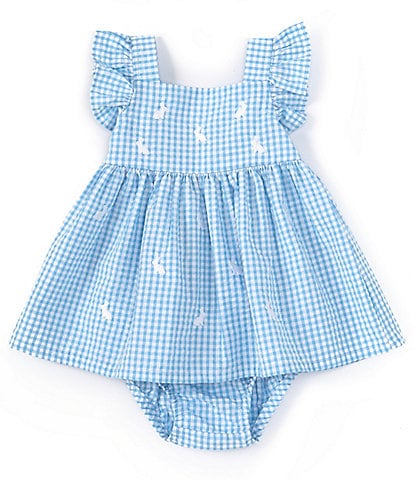 Adventurewear 360 Baby Girl 3-24 Month Square Neck Flutter Sleeve Gingham & Bunny Print Dress
