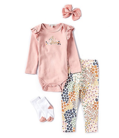 Adventurewear 360 Baby Girls 3-12 Months Long Sleeve Fawn Embordered Bodysuit & Floral Print Pants Set