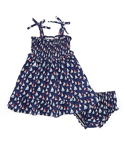 Adventurewear 360 Baby Girls 3-24 Months Square Neck Tie-Sleeve USA Sailboat Print Dress