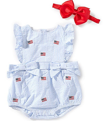 Adventurewear 360 Baby Girls Newborn-24 Months American Flag Embroidery Stripe Seersucker Bubble