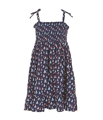 Adventurewear 360 Little Girls 2T-6X Square Neck Tie-Strap USA Sailboat Print Dress