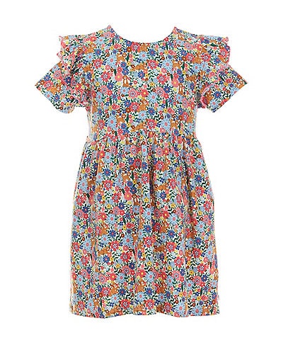 Adventurewear 360 Little Girls 2T-6X Puppy Floral Print Round Neck Cap Sleeve Shift Dress