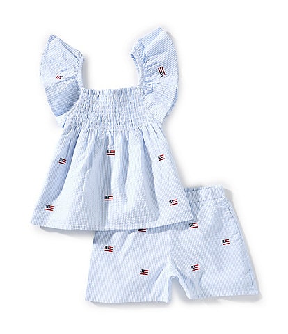 Adventurewear 360 Little Girls 2T-6X Seersucker Flag Flutter Sleeve Top & Matching Shorts Set
