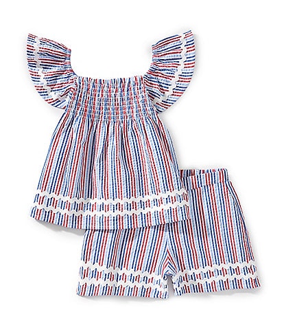 Adventurewear 360 Little Girls 2T-6X Striped Seersucker Flutter Sleeve Top & Matching Pull-On Shorts Set