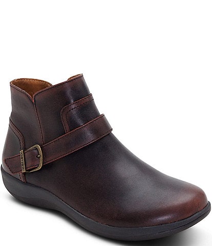 Aetrex Leah Weatherproof Leather Buckle Strap Ankle Booties