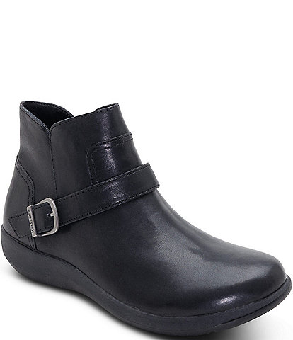 Aetrex Leah Weatherproof Leather Buckle Strap Ankle Booties