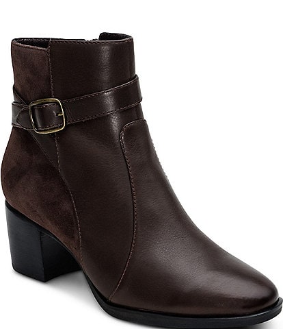 Aetrex Rebecca Leather and Suede Buckle Strap Block Heel Booties