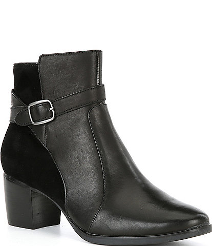 Aetrex Rebecca Leather and Suede Buckle Strap Block Heel Booties