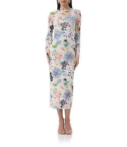 AFRM Ashland Floral Printed Mesh Crew Neck Long Sleeve Sheath Midi Dress