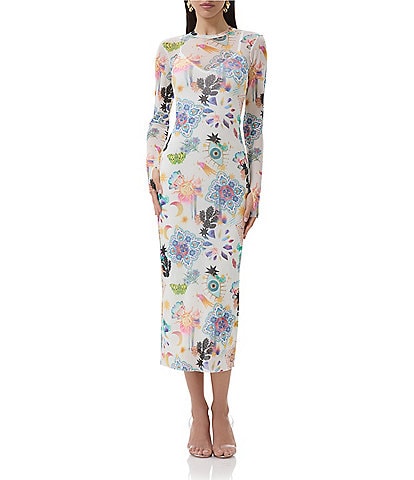 AFRM Ashland Floral Printed Mesh Crew Neck Long Sleeve Sheath Midi Dress