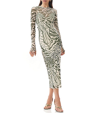 AFRM Ashland Printed Mesh Crew Neck Long Sleeves Midi Dress
