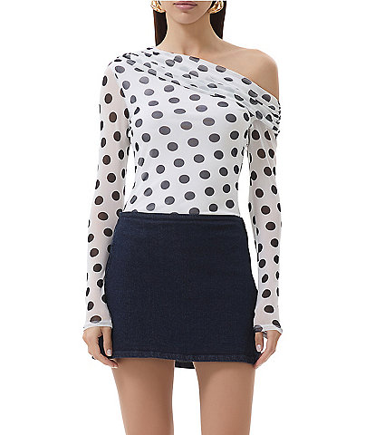 AFRM Barry Dotted Print Mesh Asymmetric Neck Long Sleeve Top