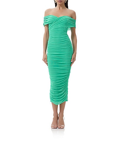 AFRM Belmont Mesh Jersey Off-The-Shoulder Ruched Sheath Midi Dress