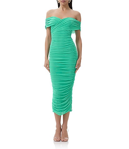 AFRM Belmont Mesh Jersey Off-The-Shoulder Ruched Sheath Midi Dress