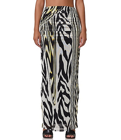 AFRM Bevin Zebra Printed Mesh Ruched Pull-On Coordinating Maxi Skirt