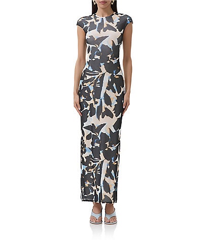 AFRM Cody Floral Mesh Crew Neck Cap Sleeves Maxi Dress
