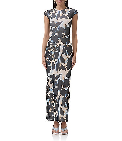 AFRM Cody Floral Mesh Crew Neck Cap Sleeves Maxi Dress