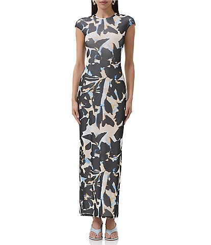 AFRM Cody Floral Mesh Crew Neck Cap Sleeves Maxi Dress