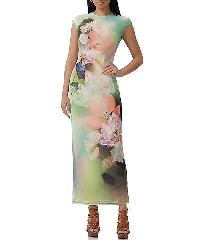 AFRM Cody Floral Placement Print Mesh Crew Neck Cap Sleeve Maxi Dress