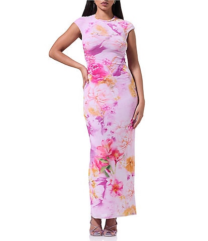 AFRM Cody Mesh Floral Print Crew Neck Short Sleeve Maxi Dress