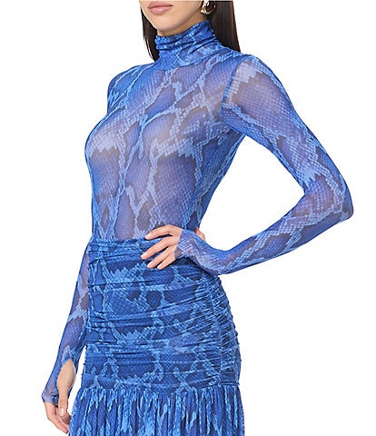 AFRM Coordinating Zadie Snake Printed Mock Neck Long Sleeve Mesh Top