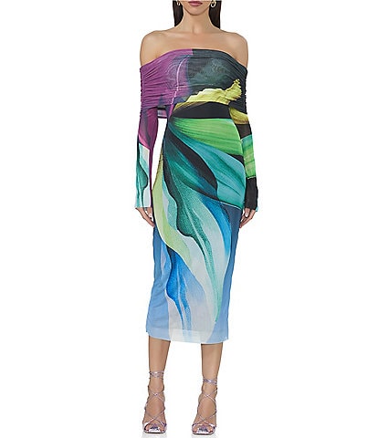 AFRM Cornelia Printed Off the Shoulder Long Sleeve Mesh Midi Dress