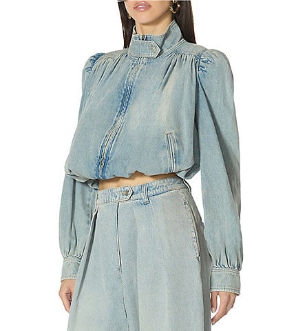 AFRM Galli Gathered Denim Collared Long Sleeve Coordinating Crop Jacket
