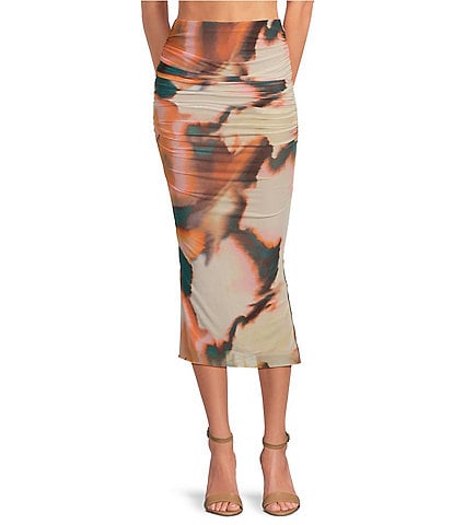 AFRM Ginger Mesh Abstract Print Ruched Pull-On Midi Skirt