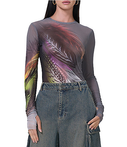 AFRM Kaylee Feather Printed Mesh Crew Neck Long Sleeve Top